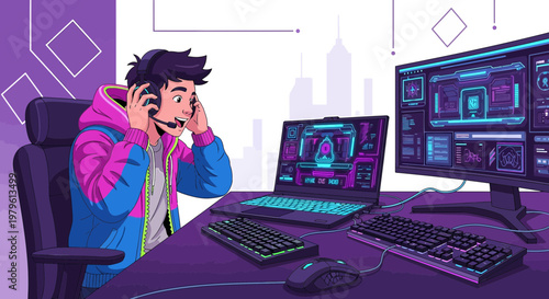 Illustrated gamer immersed in virtual world with vibrant colors and modern technology setup