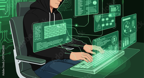 Illustration depicting a hacker at work surrounded by digital interfaces in a green and black