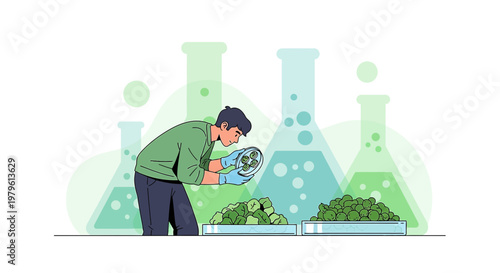 Illustration depicting a scientist examining plant cell cultures in a laboratory environment