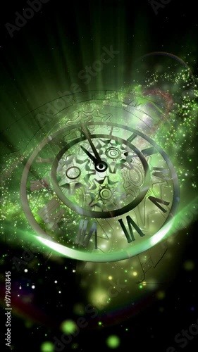 A surreal cosmic clock with rotating gears floats within a glowing galaxy, symbolizing the infinite flow of time, universal motion, and the connection between mechanics and the cosmos.
