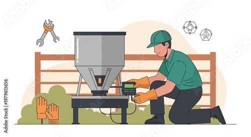 Illustration depicting a technician configuring an industrial machine in an outdoor setting