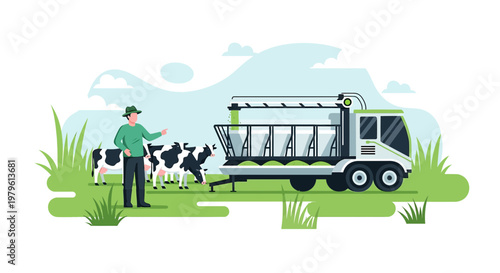 Illustration depicting agricultural scene showcasing farmer, cows and a livestock trailer truck