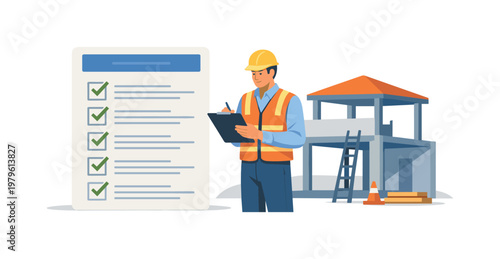 Field evaluation scene where an inspector reviews conditions and records observations at a work site, emphasizing safety, detail orientation, and professional standards,