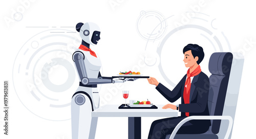 Illustration depicting futuristic dining scene with robot server attending to human diner