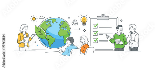Sustainability consulting session where experts guide a business toward eco-friendly solutions and practices, visualized through a globe with a leaf and a simple