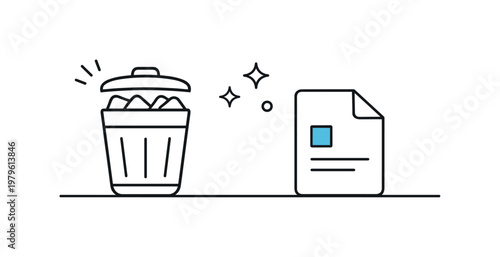 Digital decluttering and simplified workspace organization for improved productivity, a clean desktop surface with a small trash bin and a single remaining file