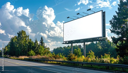 Blank white billboard mockup on a sunny day with green trees and blue sky with clouds.