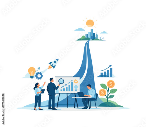 Market expansion concept where a business identifies new opportunities and optimizes resources for sustainable growth, highlighting innovation, efficiency, and long-term