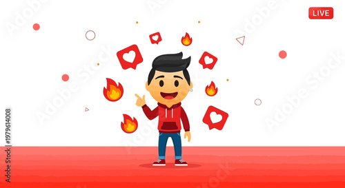 Illustration of a cartoon character surrounded by social media engagement icons for online presence