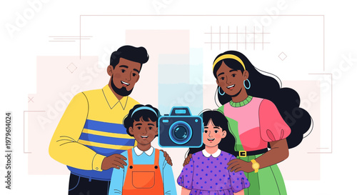Illustration of a cheerful african american family ready for a photoshoot smiling together