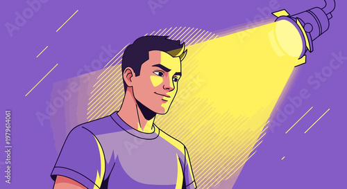 Illustration of a confident man illuminated by a spotlight on purple backdrop for creative projects