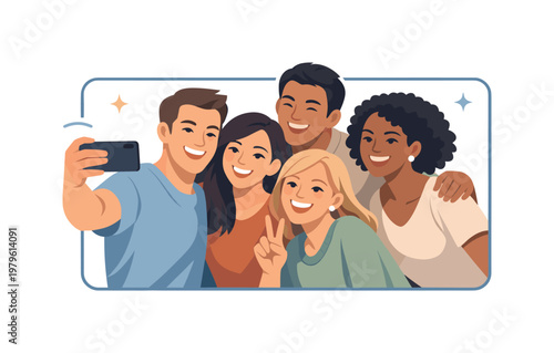 A group of friends taking a selfie together during a shared moment, representing social bonding and capturing memories in a connected world, visual metaphor of multiple