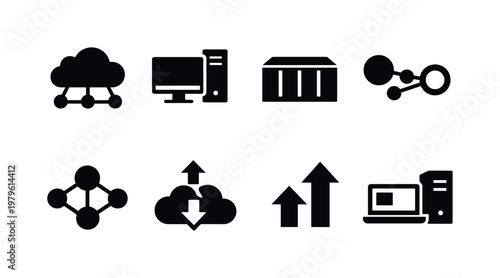 Cloud hosting solutions: cloud network, virtual machine, container box, api connection, distributed nodes, backup cloud, scaling arrows, remote server access.