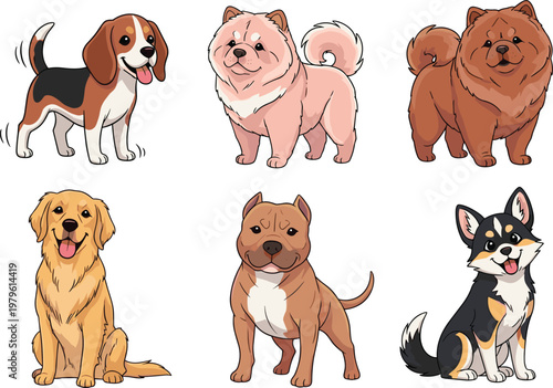 Cute Domestic Dog Breeds Collection Featuring Beagle Chow Chow Golden Retriever Pitbull and Shiba Inu Cartoon Style Vector Illustration.