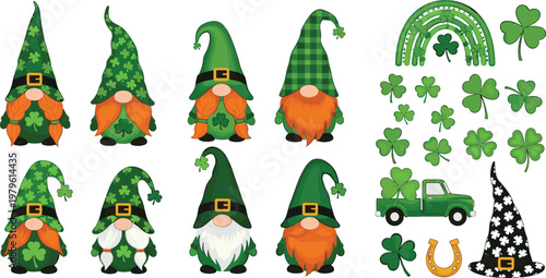 Set of St. Patrick's Day Gnome and Clover Vector Illustrations Featuring Shamrocks, Rainbows, and Lucky Symbols for Festive and Holiday Designs
