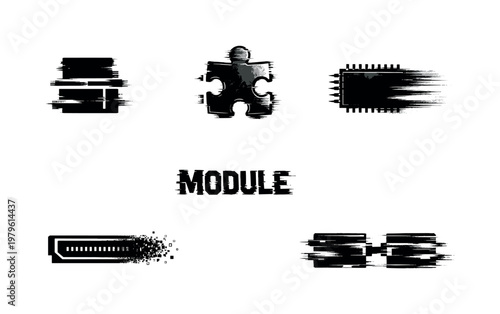 Digital system modules and components theme, a set of 5 glitch-distorted monochrome objects placed on a perfectly clean white background, each object containing its own
