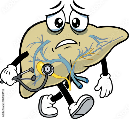 cartoon vector of a sick human heart with a pale face while holding a stethoscope and drooping hands