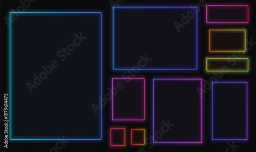 Multicolor Neon Border Frame Vector Set for Cyberpunk Gaming UI HUD Interface JPG PNG Graphics