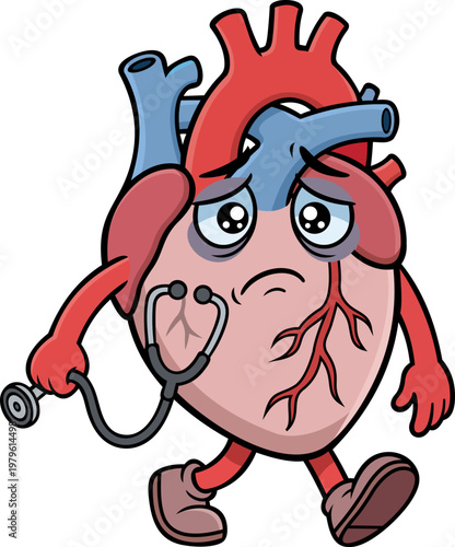 cartoon vector of a sick heart with a pale face while holding a stethoscope and drooping hands
