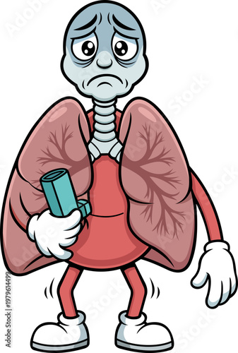 cartoon vector of a sick lung with a pale face while holding a breathing aid and drooping hands