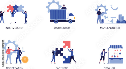 Minimalist vector collection of supply chain roles including intermediary distributor manufacturer coordination partners and retailer illustrated with people