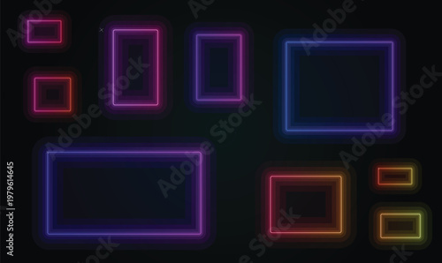 Multicolor Neon Border Frame Vector Set for Cyberpunk Gaming UI HUD Interface JPG PNG Graphics