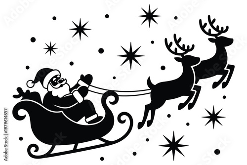 Black silhouette of a witch on broomstick flying under stars