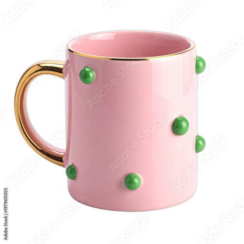 A vibrant pink ceramic mug with a gold handle and playful green game controller button embellishments sits against a stark black background, showcasing a unique and modern design.