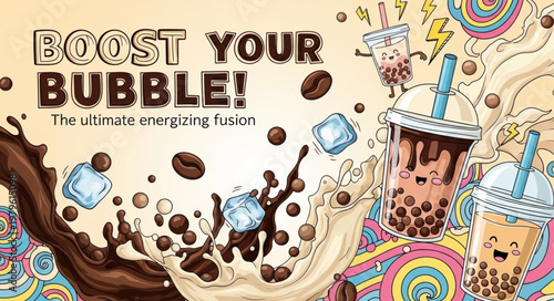 Colorful Bubble Tea Cups With Tapioca Pearls.