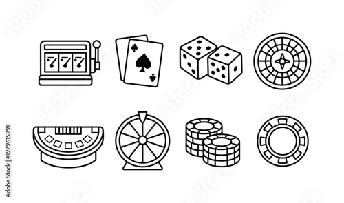 Casino games: slot machine, playing cards, dice, roulette wheel, poker chips, blackjack table, spinning wheel, casino token.