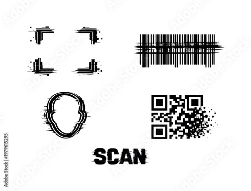 Digital scanning and recognition theme, a set of 4 glitch-distorted monochrome objects placed on a perfectly clean white background, each object carrying its own
