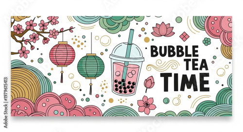 Colorful Bubble Tea Cup With Straw And Pearls.