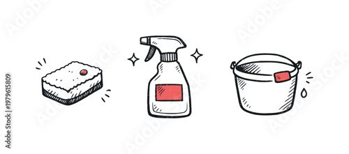 Simple home cleaning basics theme a horizontal row of 3 related hand-drawn objects on a white background: a small sponge with a tiny pink dot detail, a simple spray