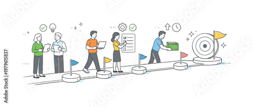 A structured steady execution scenario where a team maintains consistent forward movement of tasks through clearly defined stages toward completion, built around a visual