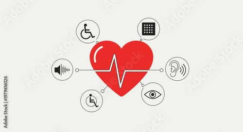 Heartbeat Health Icons: Disability, Hearing, Sight, and Touch Symbols