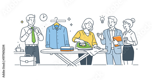 Preparation for work or an important event where ironing clothes is part of getting ready, depicted by an ironing board with a shirt and a simple hanger as the main