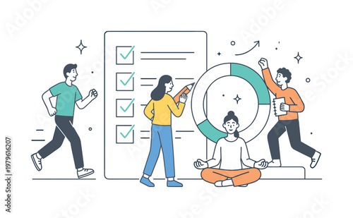 A habit tracking and self discipline scene showing a small group maintaining routines around a large checklist and a circular progress ring, using a clean visual metaphor