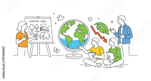 An educational context where individuals learn about the causes and consequences of habitat loss in a modern setting, visualized by a small group interacting near a