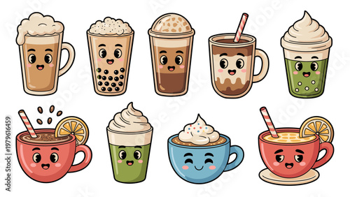Cute Coffee and Tea Cartoon Vector Set – Sweet Drinks with Toppings and Café Menu Collection