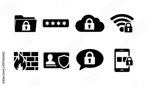 Digital privacy protection: locked folder, password asterisk field, encrypted cloud, secure wifi, firewall brick wall, identity card shield, private chat bubble, two
