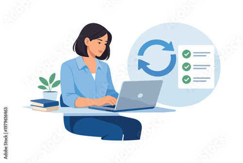 A professional maintaining organized digital review cycles in a structured routine, seated with a laptop while interacting with a simple circular refresh and checklist
