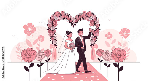Happy Wedding Couple Walking Under Floral Heart Archway