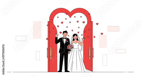 Happy Wedding Couple Waving Through Heart Archway with Falling Petals