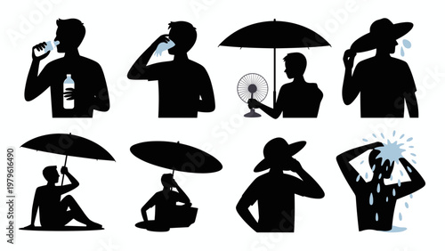 Summer Heat Relief Silhouette Vector Set – People Cooling Off in Hot Weather Activities