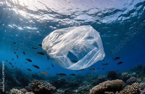 Plastic Bag Floating Underwater Among Fish – Ocean Pollution Concept