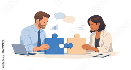 A collaborative discussion focused on resolving differences and aligning goals in a professional environment, illustrated by two people adjusting a shared puzzle piece