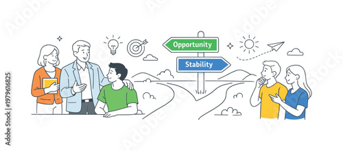 Mentorship career guidance scenario where a senior professional supports decision making and long term planning for a younger individual, using a signpost with two clear