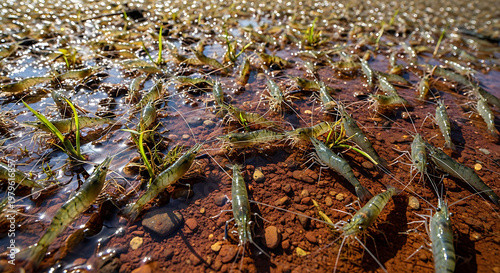 Fresh Shrimp Farming in Muddy Pond with Sunlight