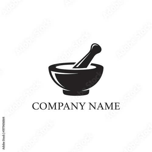 Professional company logo features a mortar and pestle on a white background