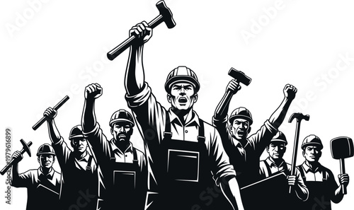 Laborers, workers, industrial workers, construction workers, labor union, protest, workers rights, illustration